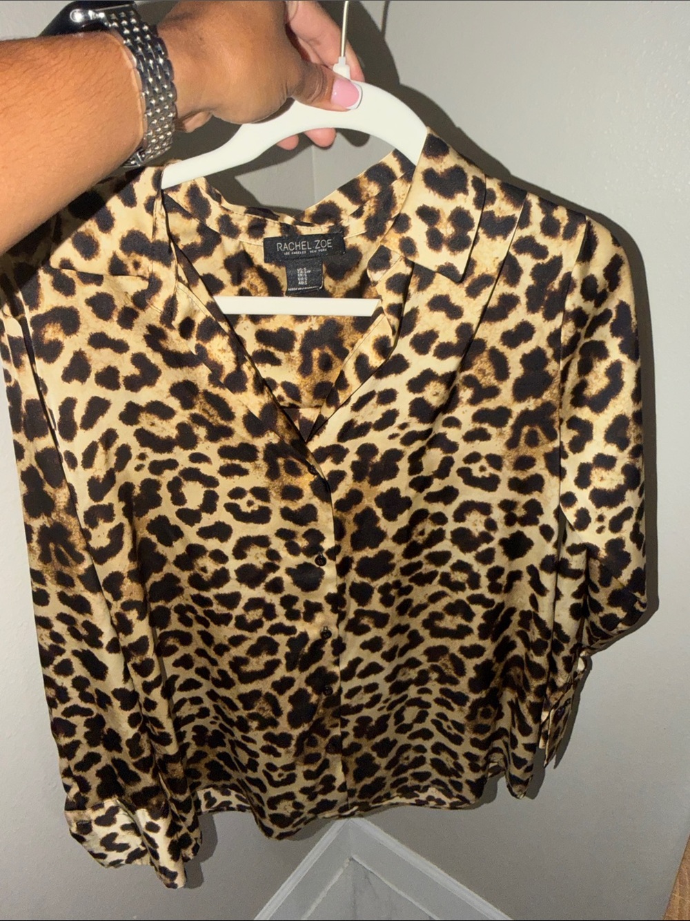 Rachel Zoe Leopard Print Button-Down Blouse in Tan and Black